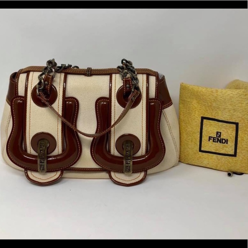 Fendi B Buckle Flap Canvas Leather Bag